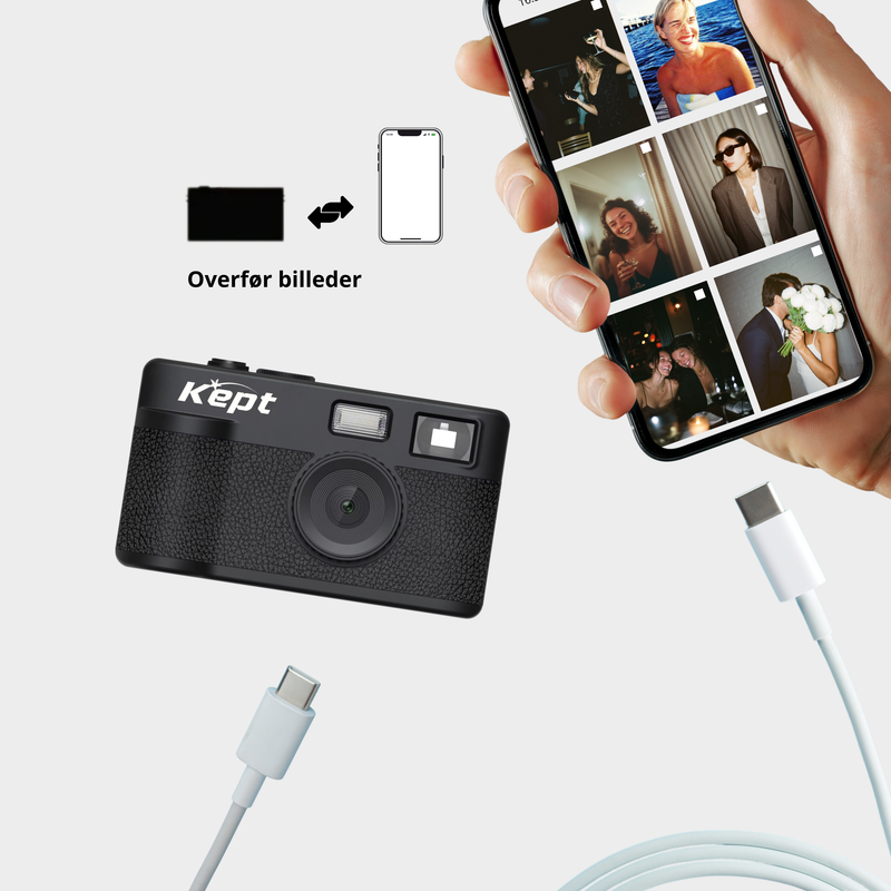Kamera forbundet til telefon med USB-C-kabel